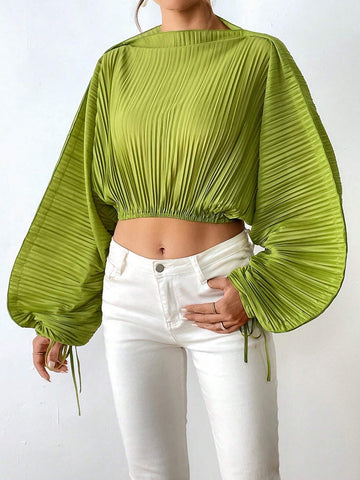 Solid Drawstring Cuff Dolman Sleeve Crop Blouse