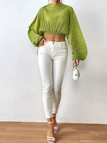 Solid Drawstring Cuff Dolman Sleeve Crop Blouse