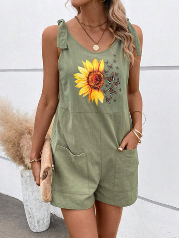 Sunflower & Butterfly Print Dual Pocket Tie Shoulder Romper
