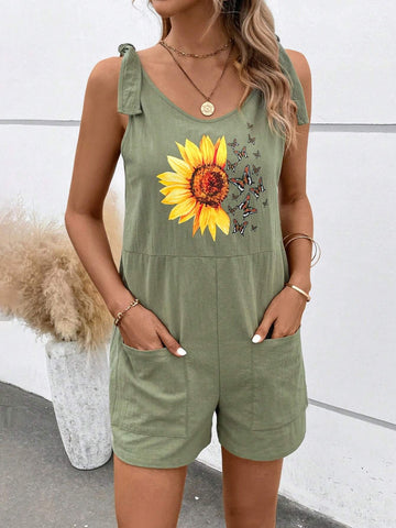 Sunflower & Butterfly Print Dual Pocket Tie Shoulder Romper