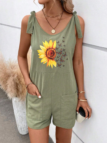 Sunflower & Butterfly Print Dual Pocket Tie Shoulder Romper