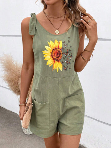Sunflower & Butterfly Print Dual Pocket Tie Shoulder Romper