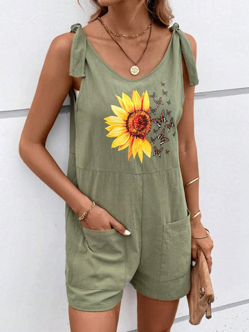 Sunflower & Butterfly Print Dual Pocket Tie Shoulder Romper