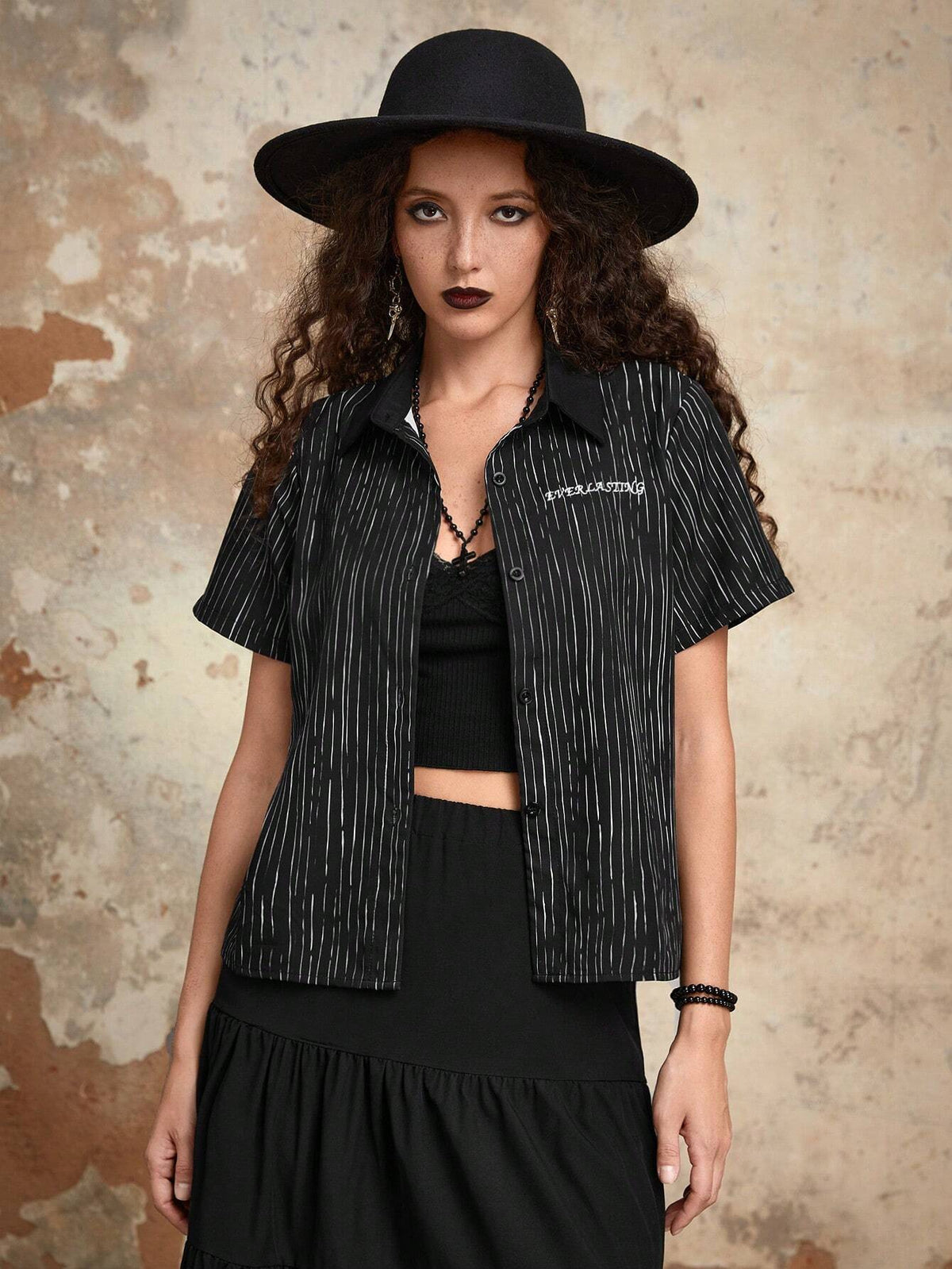 Letter Striped Print Button Front Shirt