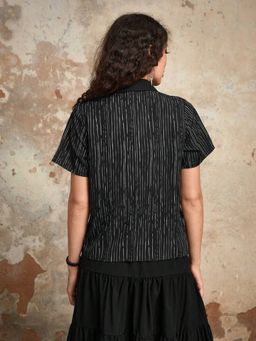 Letter Striped Print Button Front Shirt