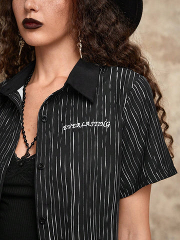 Letter Striped Print Button Front Shirt