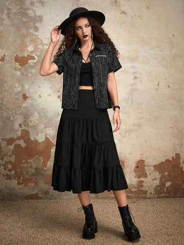 Letter Striped Print Button Front Shirt