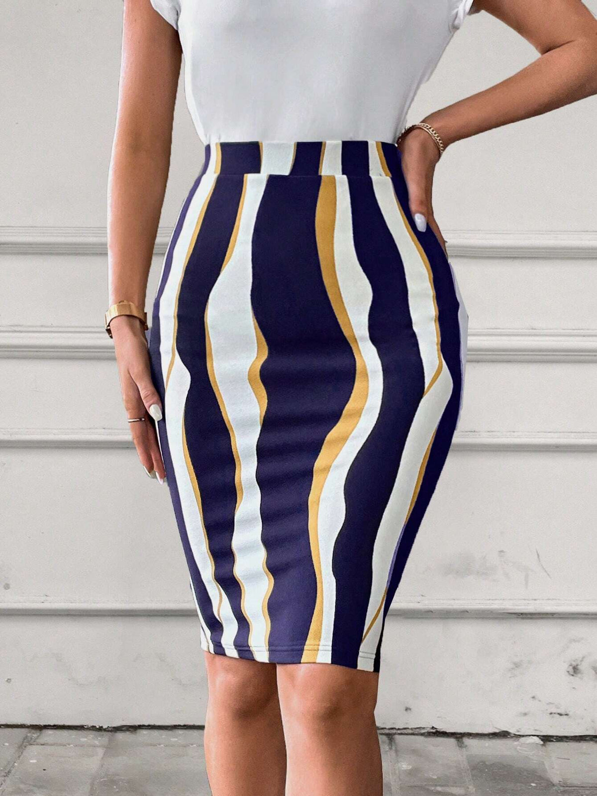 Wave Striped Print Pencil Skirt