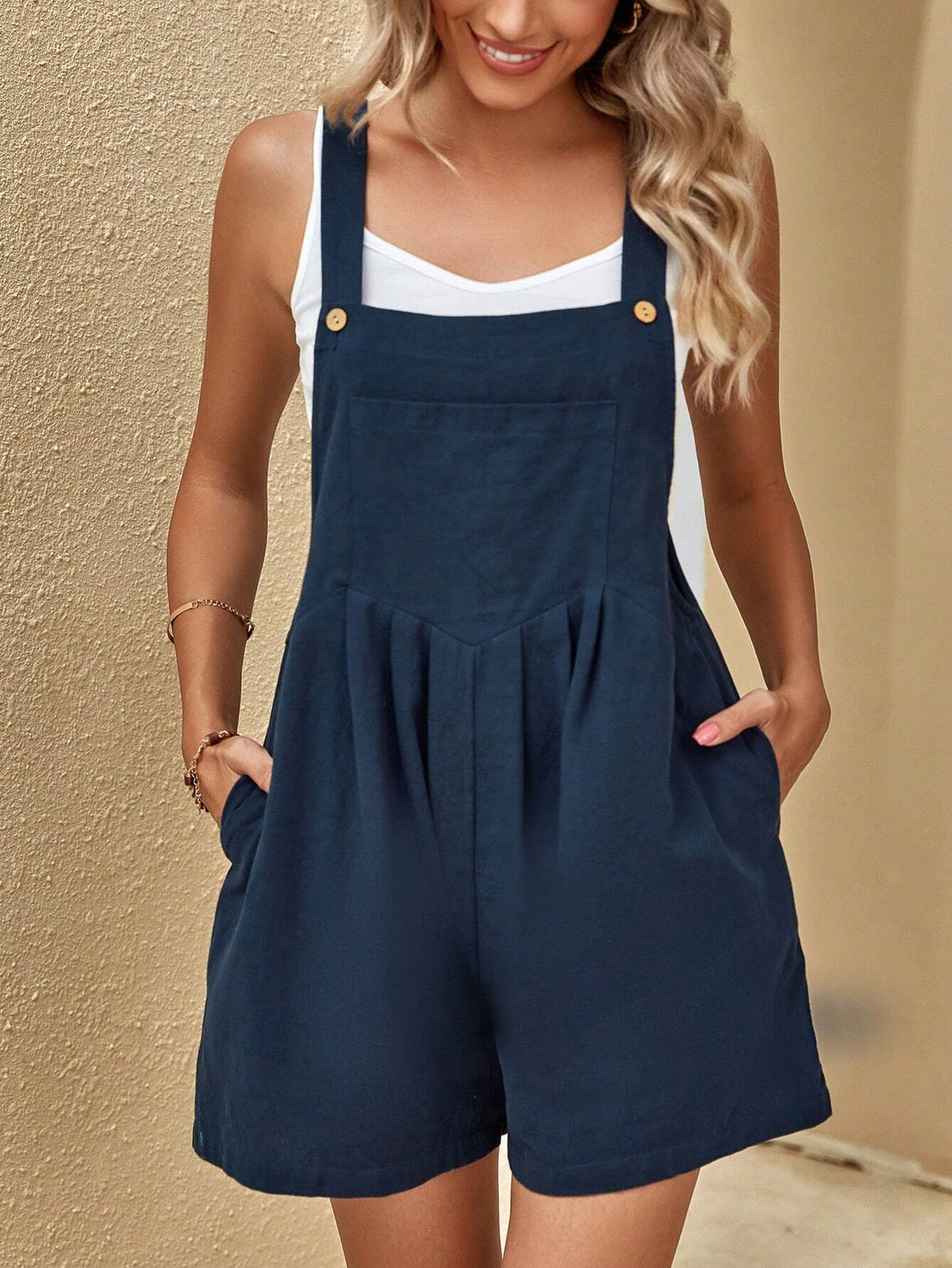 Solid Slant Pocket Overall Romper Without Tank Top