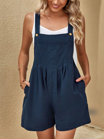 Solid Slant Pocket Overall Romper Without Tank Top