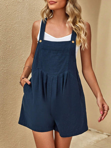 Solid Slant Pocket Overall Romper Without Tank Top