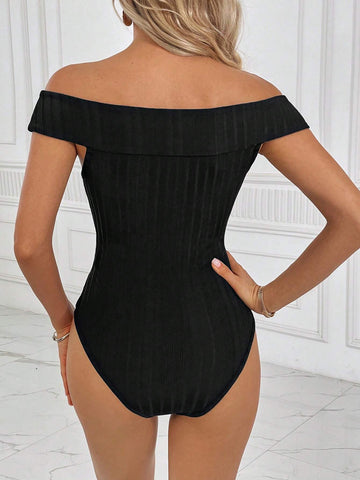 Off Shoulder Button Detail Ribbed Knit Bodysuit