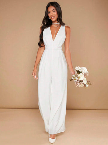 Solid Plunging Neck Wide Leg Jumpsuit
