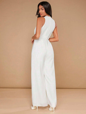 Solid Plunging Neck Wide Leg Jumpsuit
