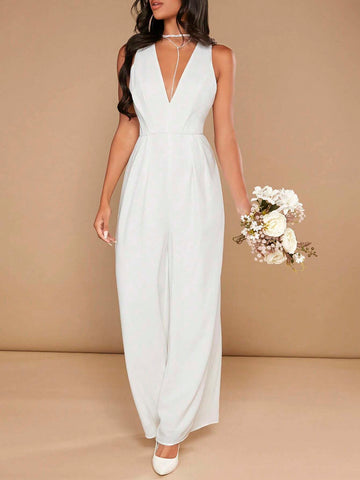 Solid Plunging Neck Wide Leg Jumpsuit