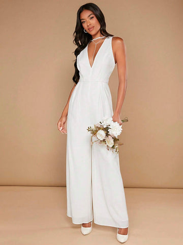 Solid Plunging Neck Wide Leg Jumpsuit