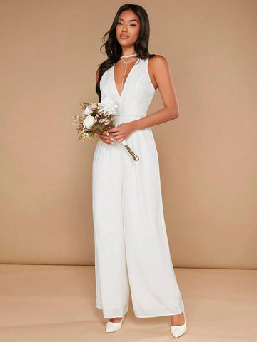 Solid Plunging Neck Wide Leg Jumpsuit