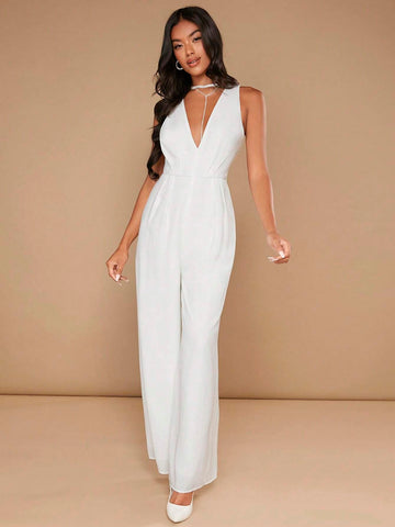 Solid Plunging Neck Wide Leg Jumpsuit
