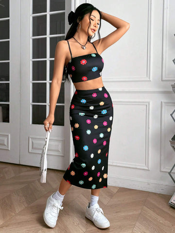 Floral Print Cami Top & Split Thigh Skirt