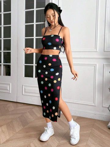 Floral Print Cami Top & Split Thigh Skirt