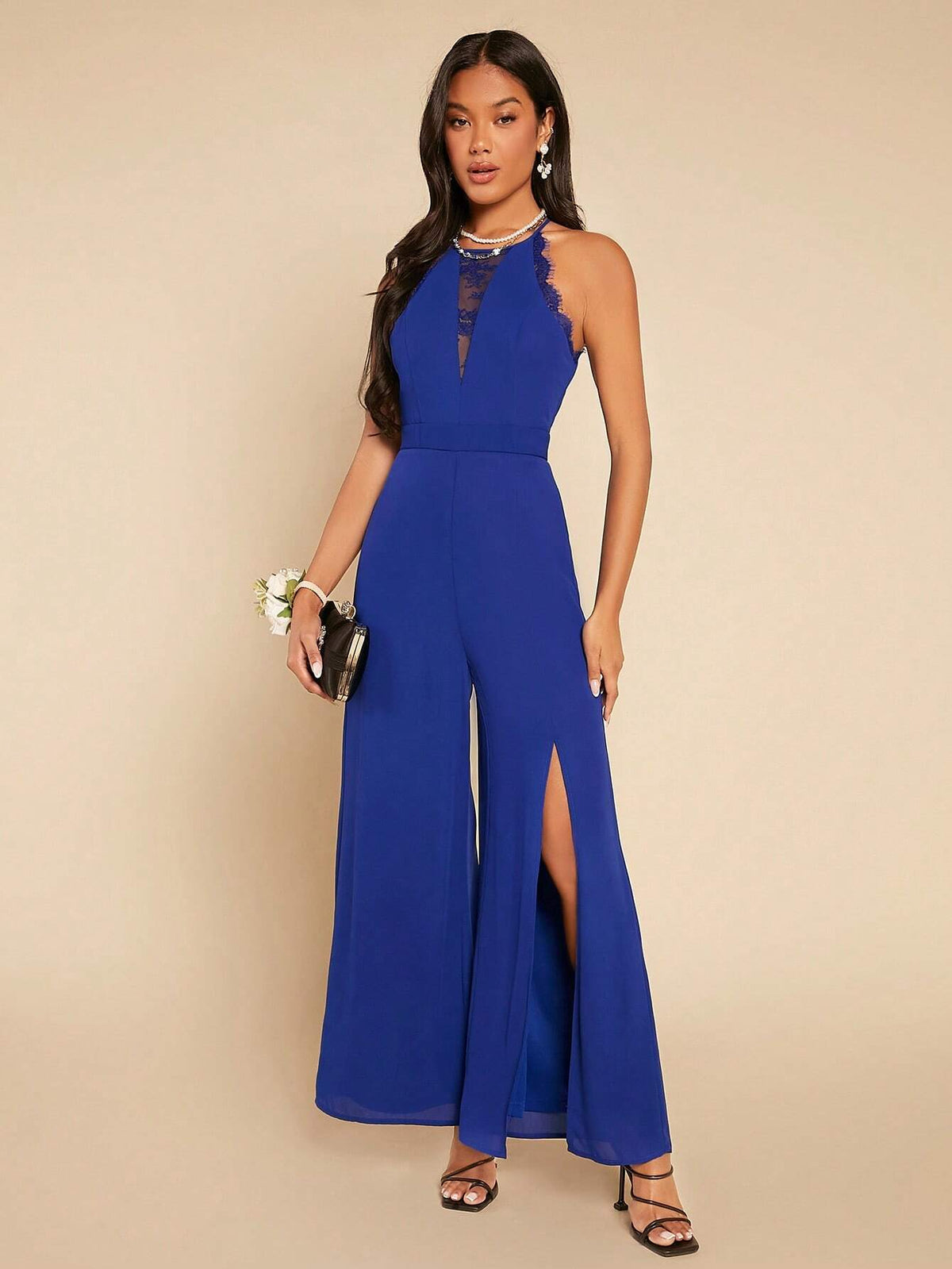 Contrast Mesh Split Thigh Halter Neck Wide Leg Jumpsuit