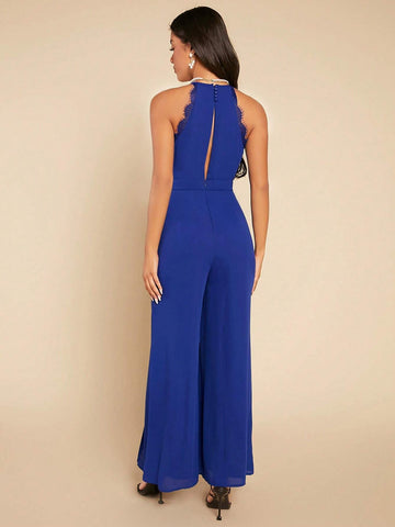 Contrast Mesh Split Thigh Halter Neck Wide Leg Jumpsuit