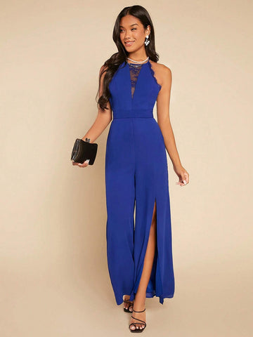 Contrast Mesh Split Thigh Halter Neck Wide Leg Jumpsuit
