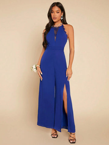 Contrast Mesh Split Thigh Halter Neck Wide Leg Jumpsuit