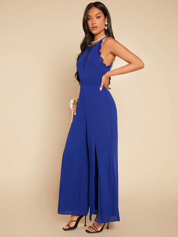 Contrast Mesh Split Thigh Halter Neck Wide Leg Jumpsuit