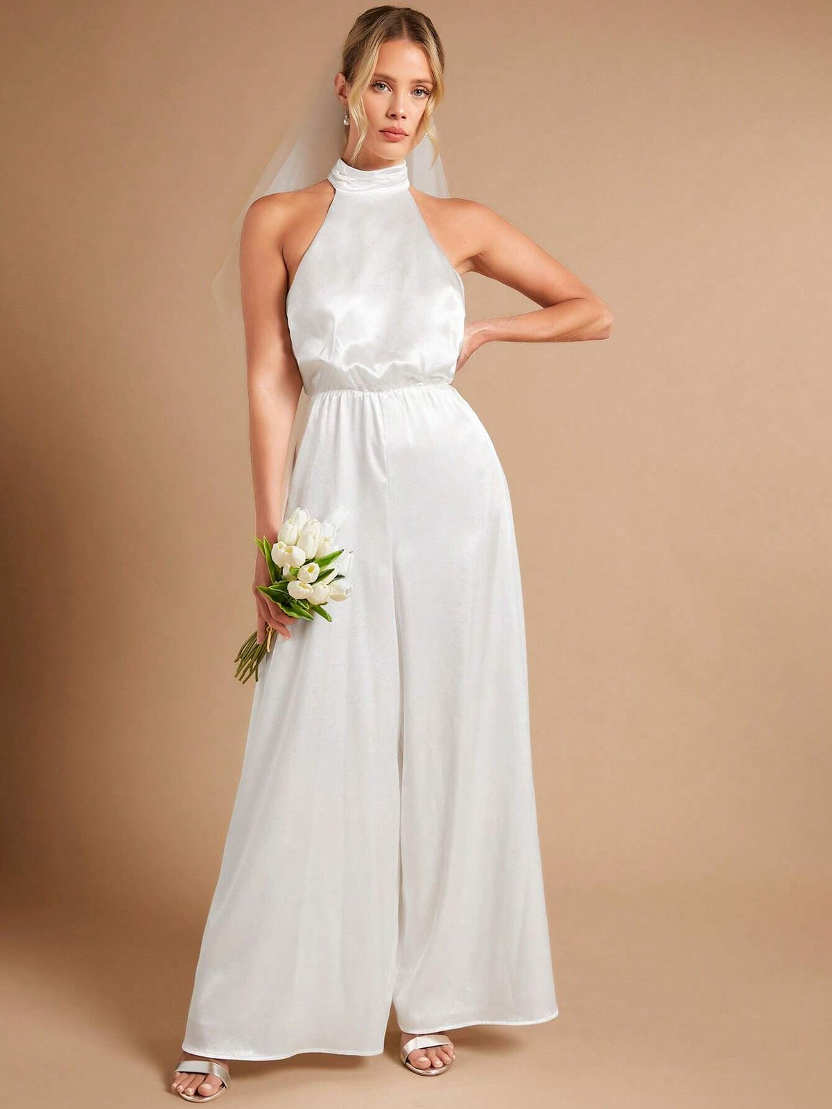 Solid Halter Neck Wide Leg Jumpsuit Without Veil