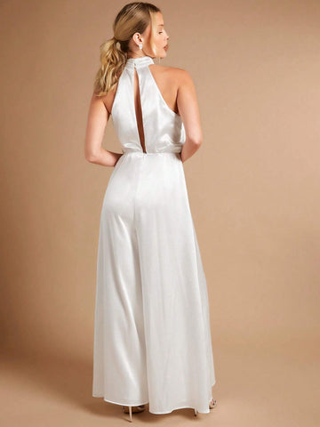 Solid Halter Neck Wide Leg Jumpsuit Without Veil