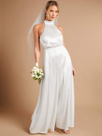 Solid Halter Neck Wide Leg Jumpsuit Without Veil