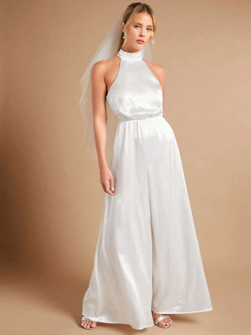 Solid Halter Neck Wide Leg Jumpsuit Without Veil