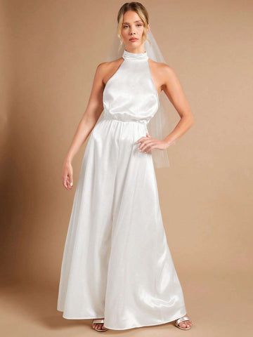 Solid Halter Neck Wide Leg Jumpsuit Without Veil