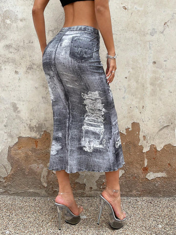 ICON Denim-Effect Print Lettuce Trim Mermaid Hem Skirt