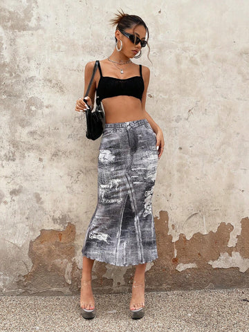 ICON Denim-Effect Print Lettuce Trim Mermaid Hem Skirt