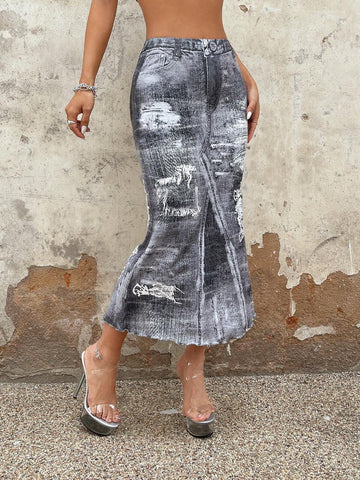 ICON Denim-Effect Print Lettuce Trim Mermaid Hem Skirt