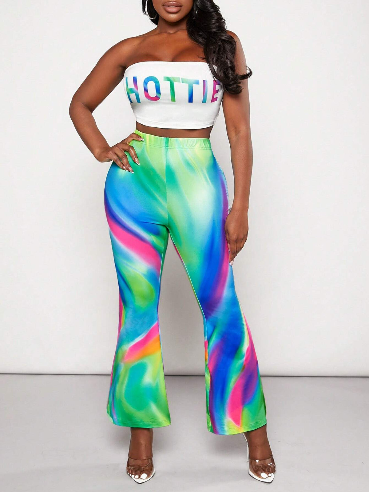 Letter Graphic Tube Top & Tie Dye Flare Leg Pants