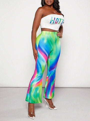 Letter Graphic Tube Top & Tie Dye Flare Leg Pants