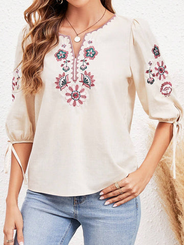 Floral Embroidery Notched Neck Knot Cuff Blouse