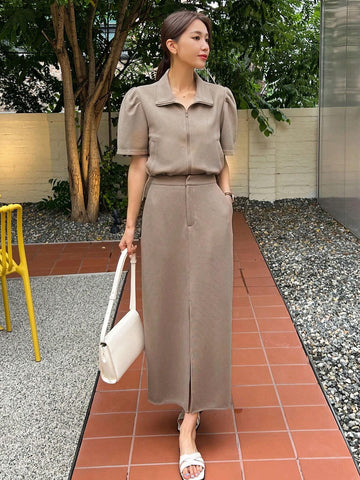 DAZY Puff Sleeve Button Front Blouse & Split Hem Skirt