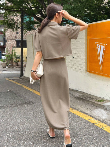 DAZY Puff Sleeve Button Front Blouse & Split Hem Skirt