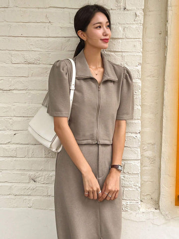 DAZY Puff Sleeve Button Front Blouse & Split Hem Skirt