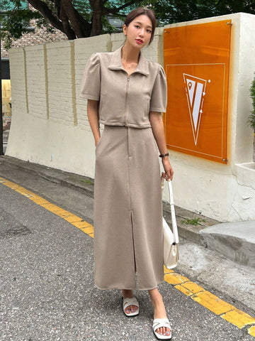 DAZY Puff Sleeve Button Front Blouse & Split Hem Skirt