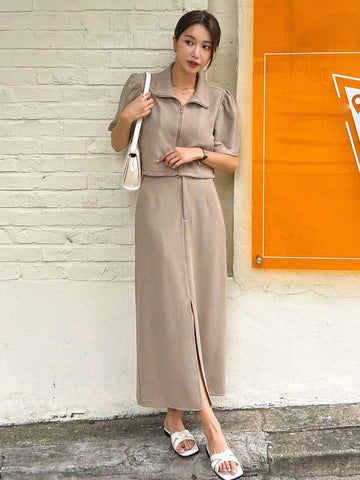 DAZY Puff Sleeve Button Front Blouse & Split Hem Skirt