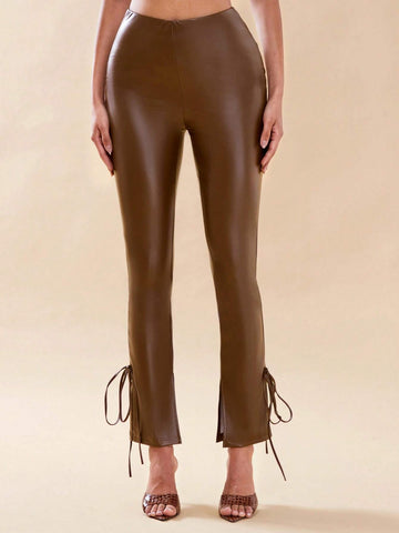 BAE Knot Side Split Hem PU Leather Leggings