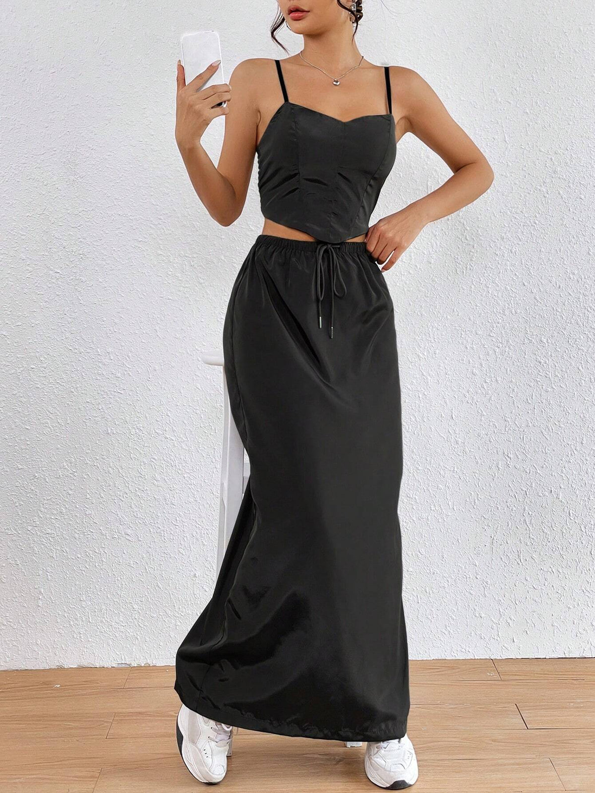 Solid Cami Top & Drawstring Waist Skirt