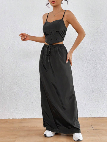 Solid Cami Top & Drawstring Waist Skirt