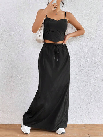 Solid Cami Top & Drawstring Waist Skirt