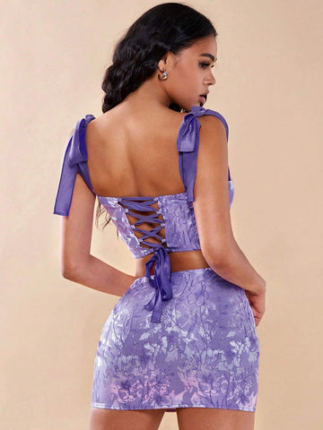 Floral Print Tie Shoulder Wide Strap Top & Bodycon Skirt